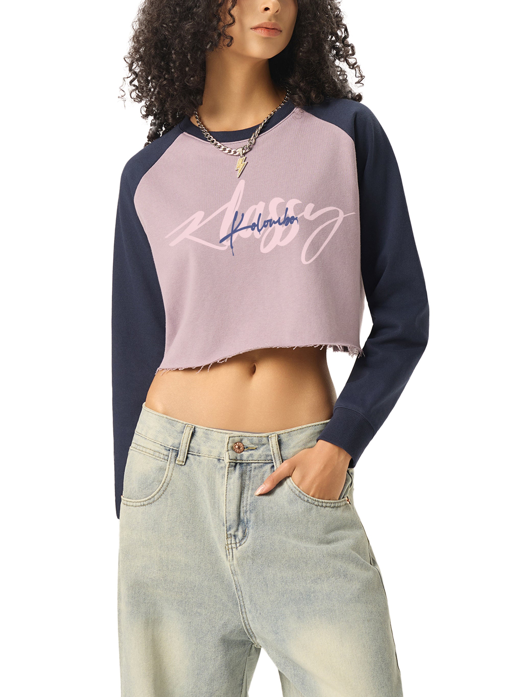 Raw-Hem Color-Block Raglan Crop Sweatshirt