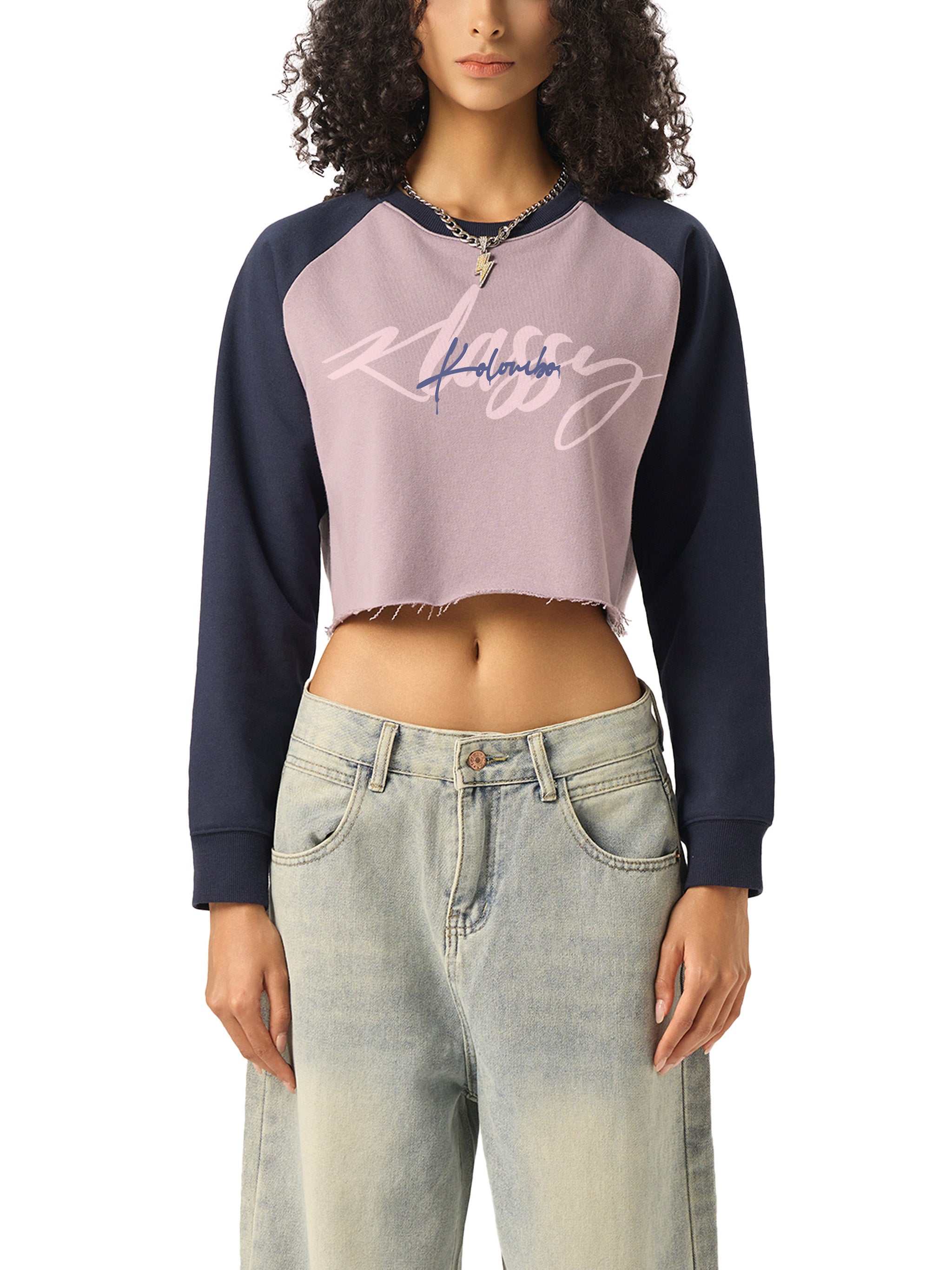 Raw-Hem Color-Block Raglan Crop Sweatshirt