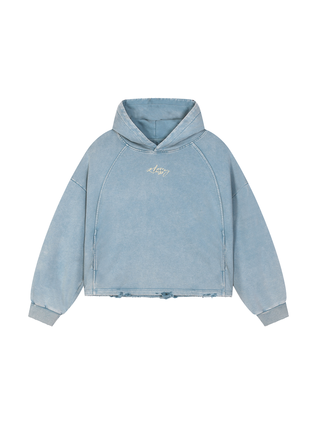 Vintage Washed Blue Frayed-Hem Hoodie