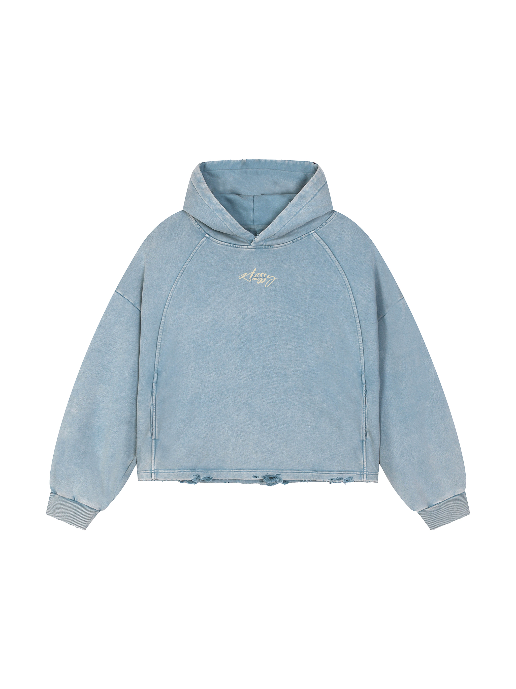 Vintage Washed Blue Frayed-Hem Hoodie