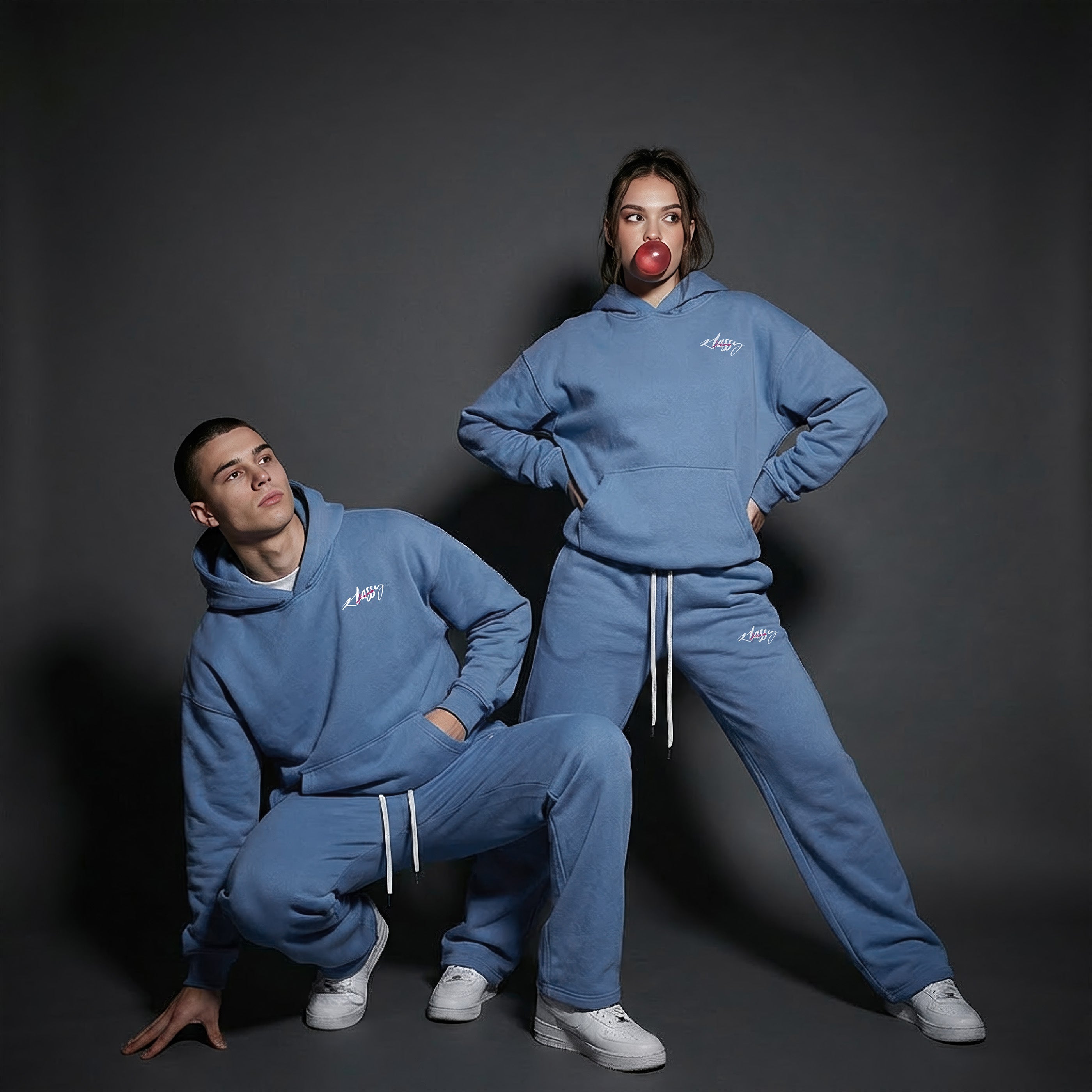 Streetwear Unisex Medium Blue Fleece Straight Leg Pants