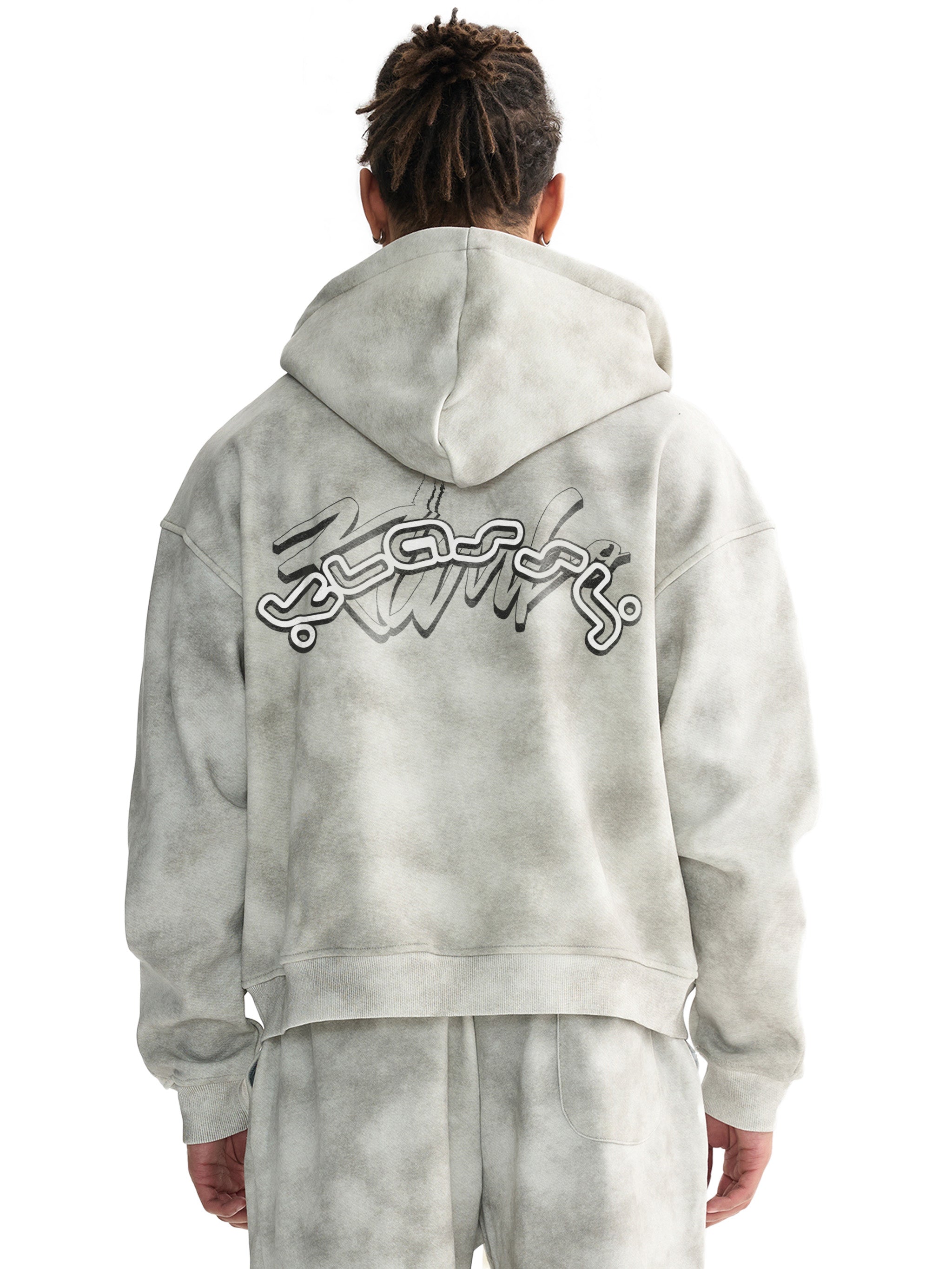 KK signature Dirty Washed Boxy Zip-up Fleece Hoodie