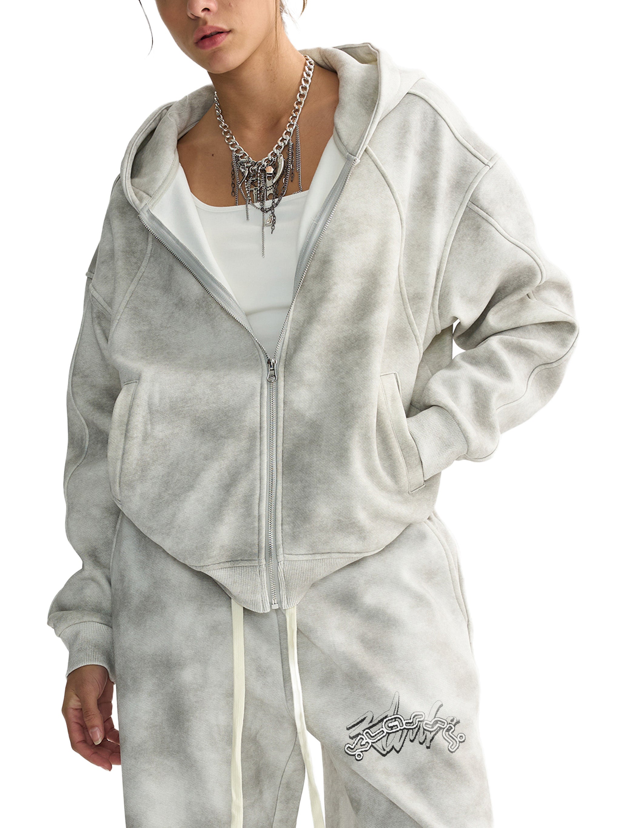 KK signature Dirty Washed Boxy Zip-up Fleece Hoodie