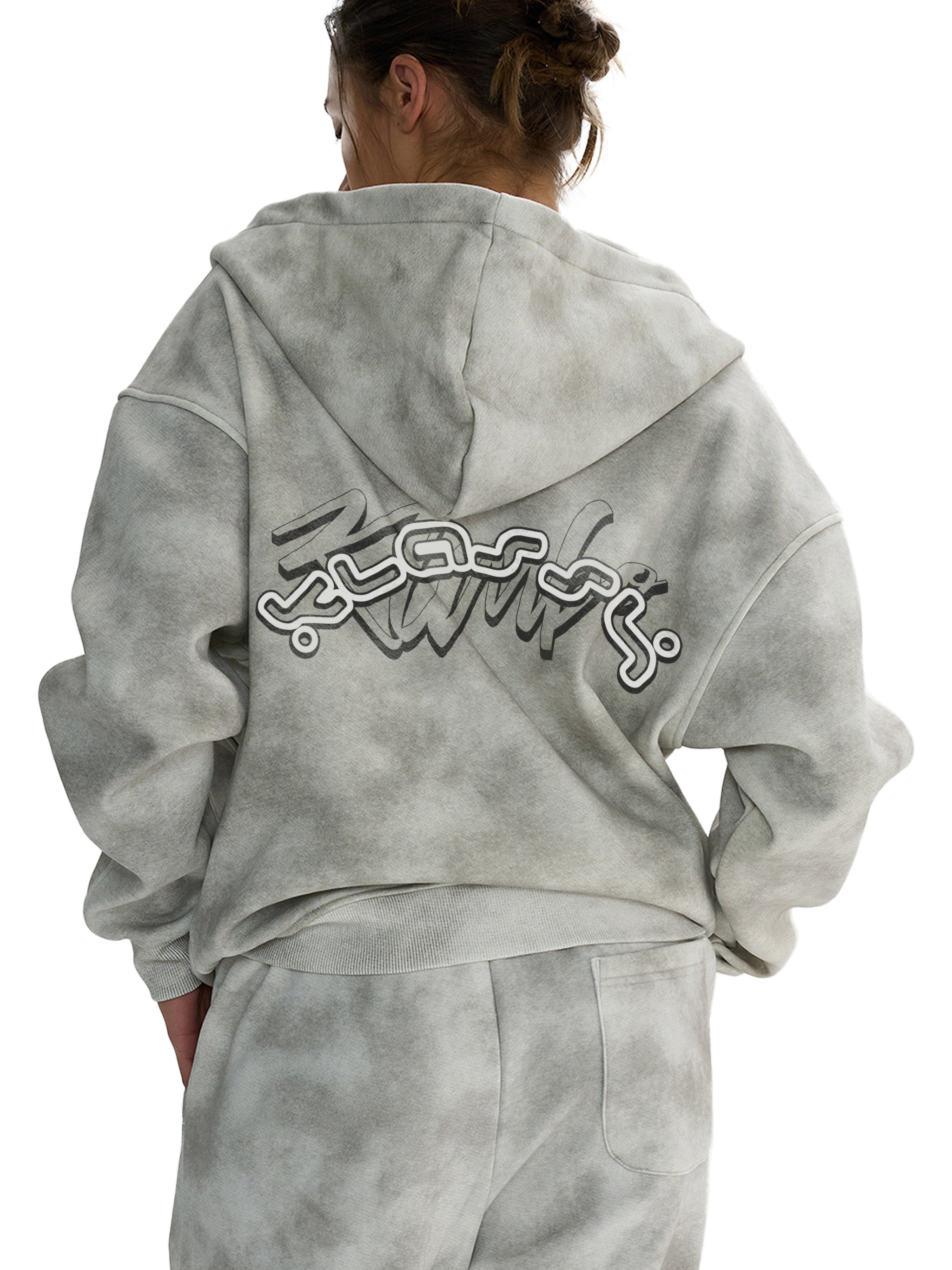 KK signature Dirty Washed Boxy Zip-up Fleece Hoodie