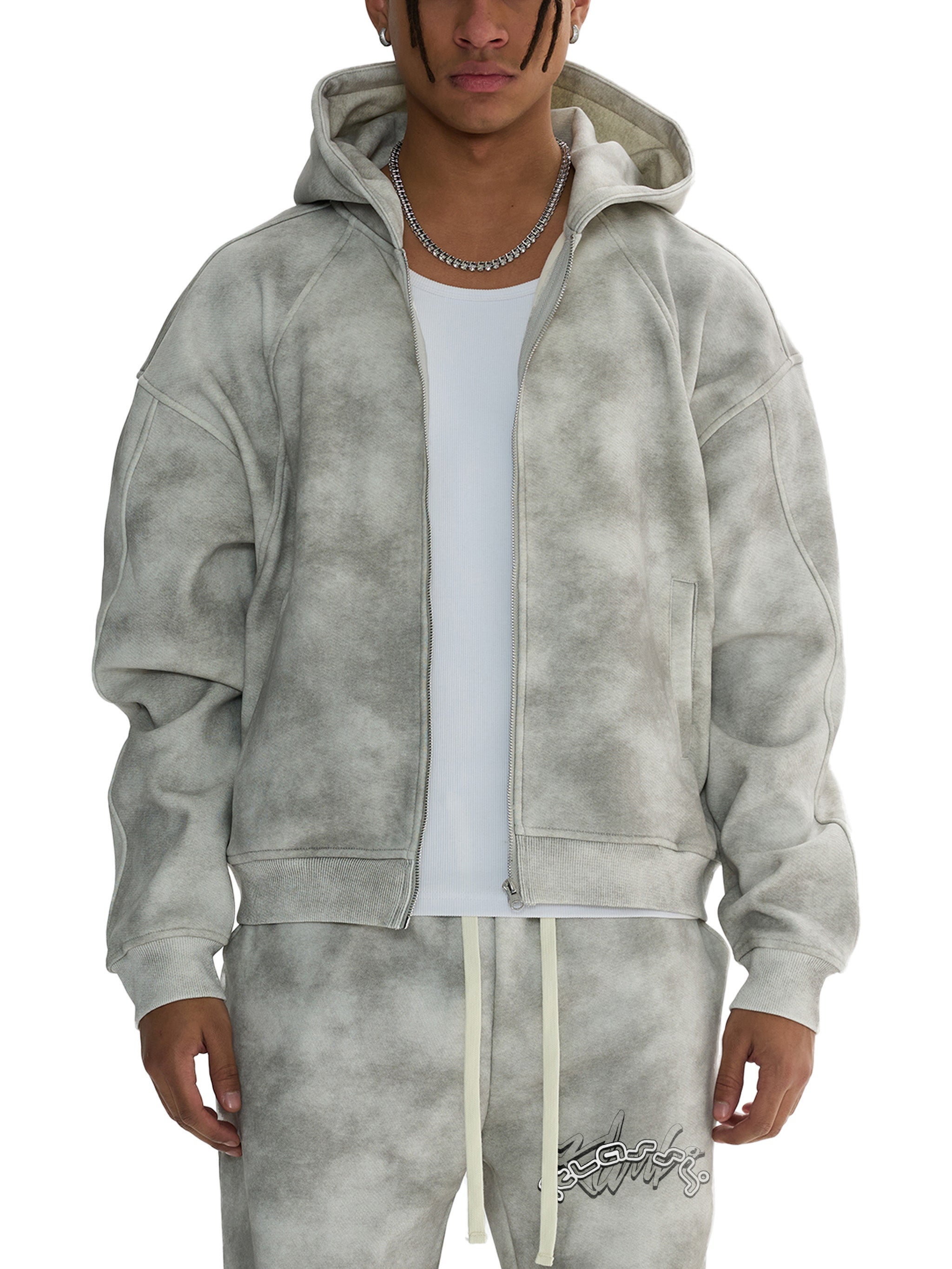 KK signature Dirty Washed Boxy Zip-up Fleece Hoodie